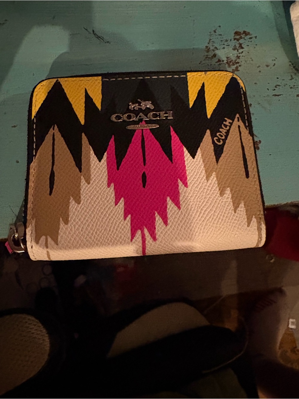 COACH Small Zip Wallet in White, Pink, Yellow & Black Aztec Print
